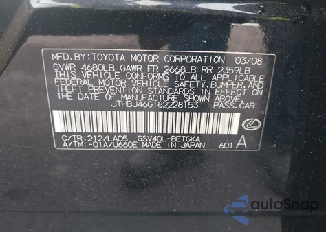 2008 Lexus Es 350 z USA, uszkodzony, nr VIN JTHBJ46G182228153